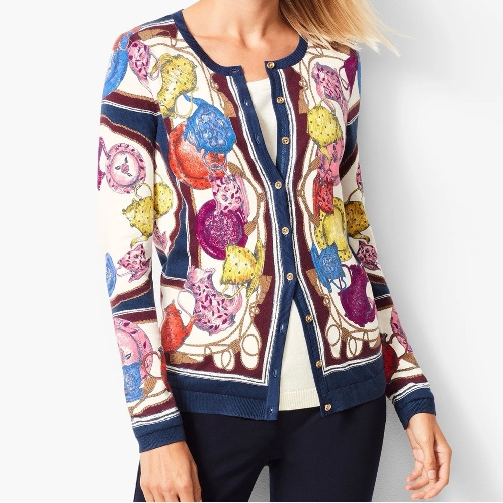 Talbots Tea Party Print Button Up‎ Cardigan Sweater Blue Multi XS